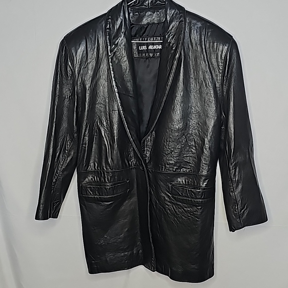 Luis Alvear Vintage 100% genuine soft leather black long one button jacket sz S